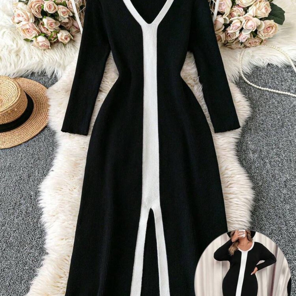 SHEIN Black and White V-Neck Long Sleeve Dress
